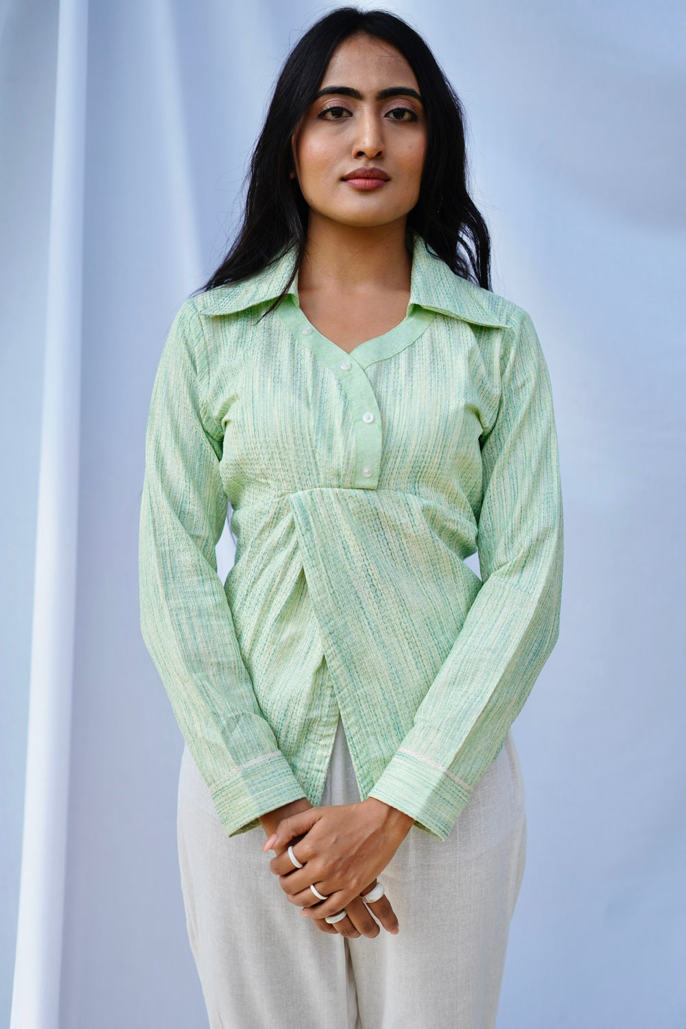Button down overlap shirt - Textured pastel green