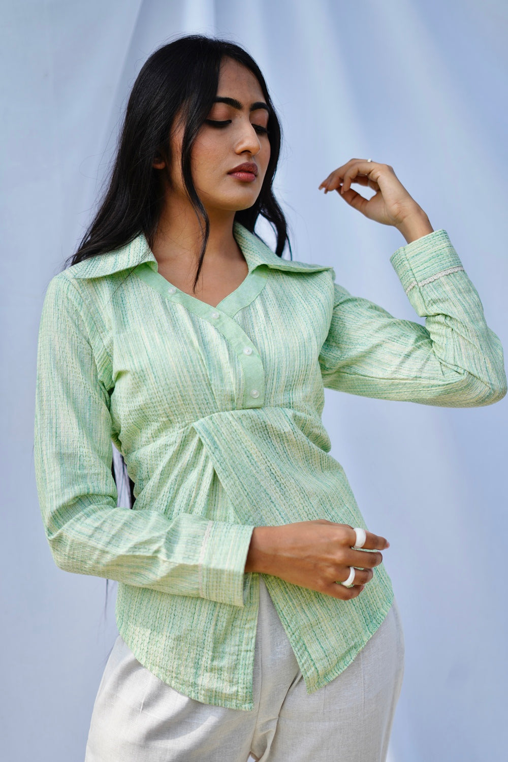 Button down overlap shirt - Textured pastel green