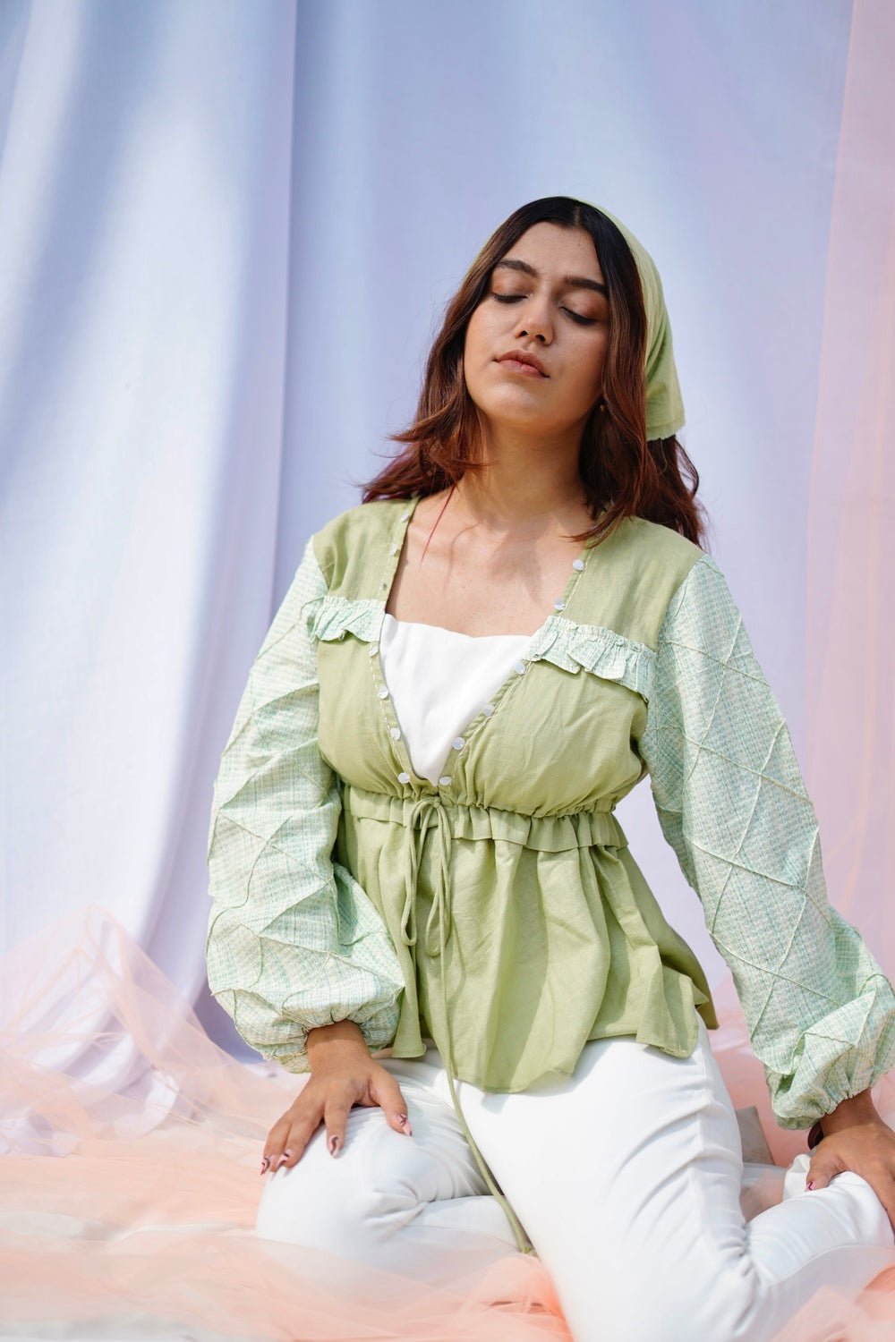 Pleated sleeves Top with adjustable string- sage greens