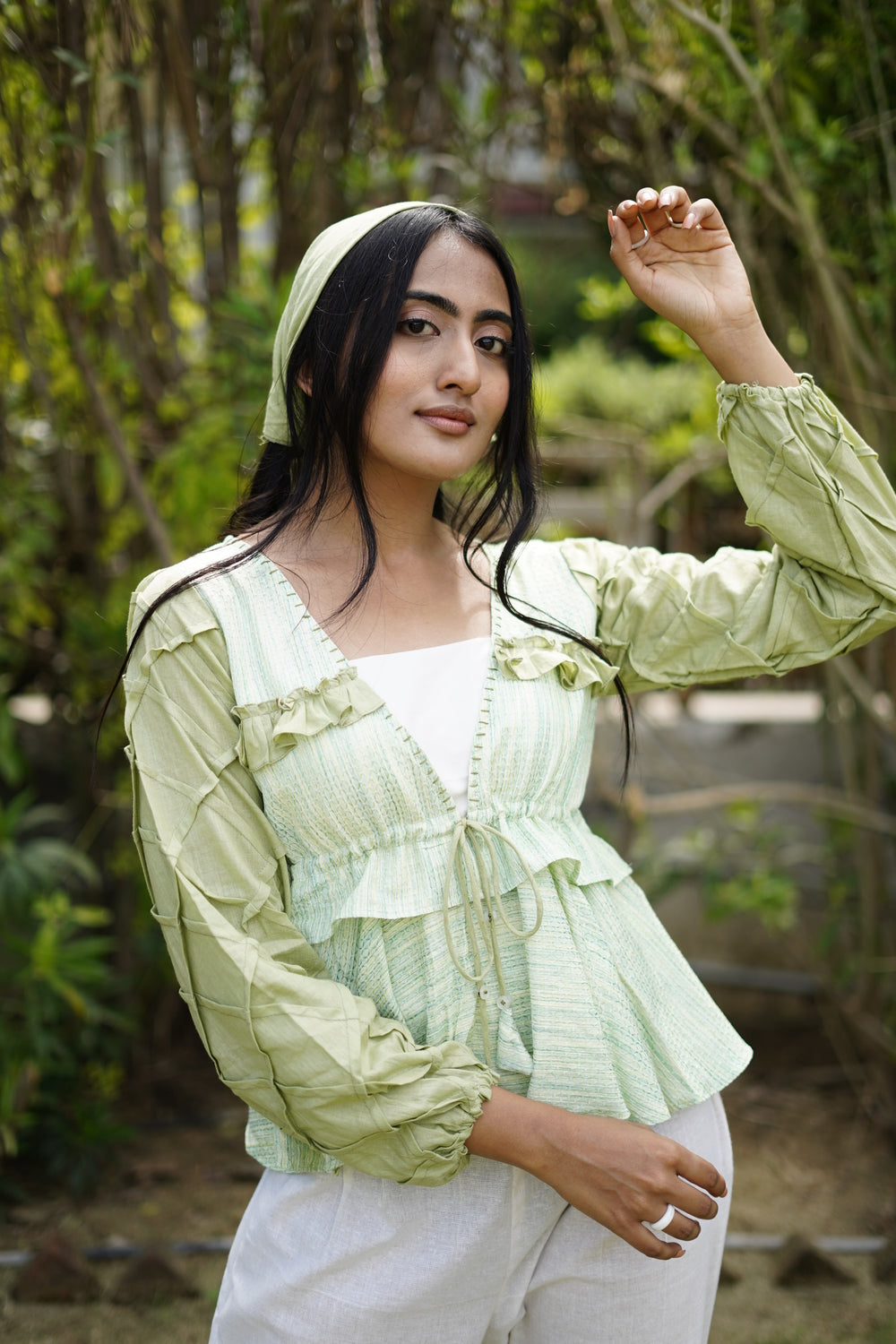 Pleated sleeves Top with adjustable string- pastel greens
