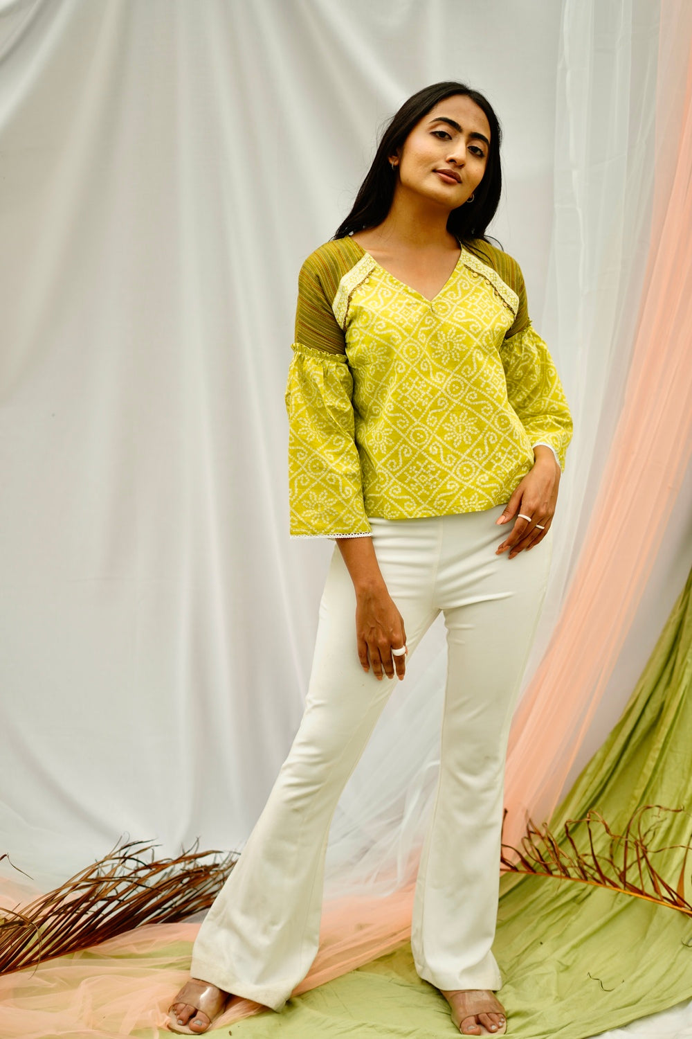 Frilled sleeve Bandhni Top - green (citronelle)
